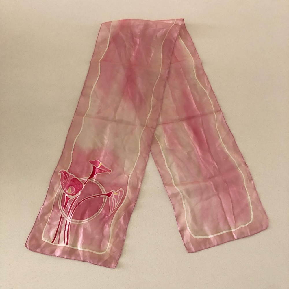 Sheer Pink Floral Embroidered Silk-like Scarf 80s whimsical feminine